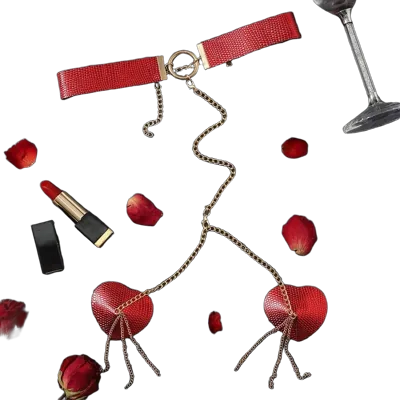 Пэстис-сердечки с цепочками и чокером JSY Nipple Sticker RT236114 Red