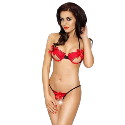 Комплект білизни Passion COCTAIL BIKINI XXL/XXXL, red, ліф з бантиками, стрінги-ниточки