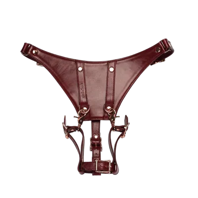 Шкіряні трусики для вібратора Liebe Seele Wine Red Forced Orgasm Strop, повністю регульовані