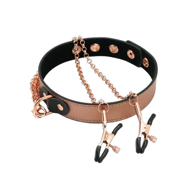 Нашийник із затискачами для сосків Liebe Seele Rose Gold Memory Collar with Nipple Clamps, шкіра