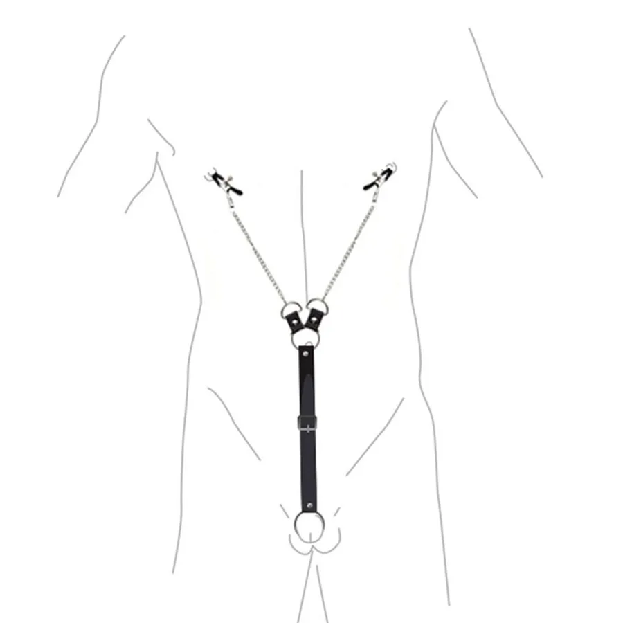 Зажимы для сосков с фиксацией на пенисе Art of Sex – Nipple Clamps for Men, экокожа