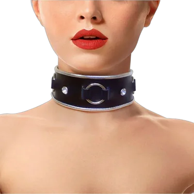 Ошейник из натуральной кожи со стразами и кольцом Art of Sex -  Collar Ring