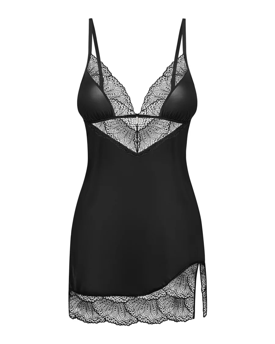 Пеньюар Obsessive Lobellis chemise & thong, M/L, чорний, мереживне оздоблення, стрінги в комплекті