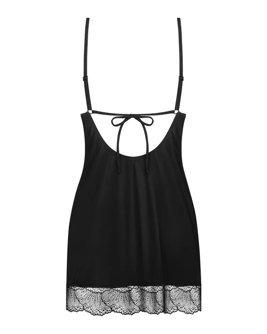 Пеньюар Obsessive Lobellis chemise & thong, XL/2XL, чорний, мереживне оздоблення, стрінги в комплекті