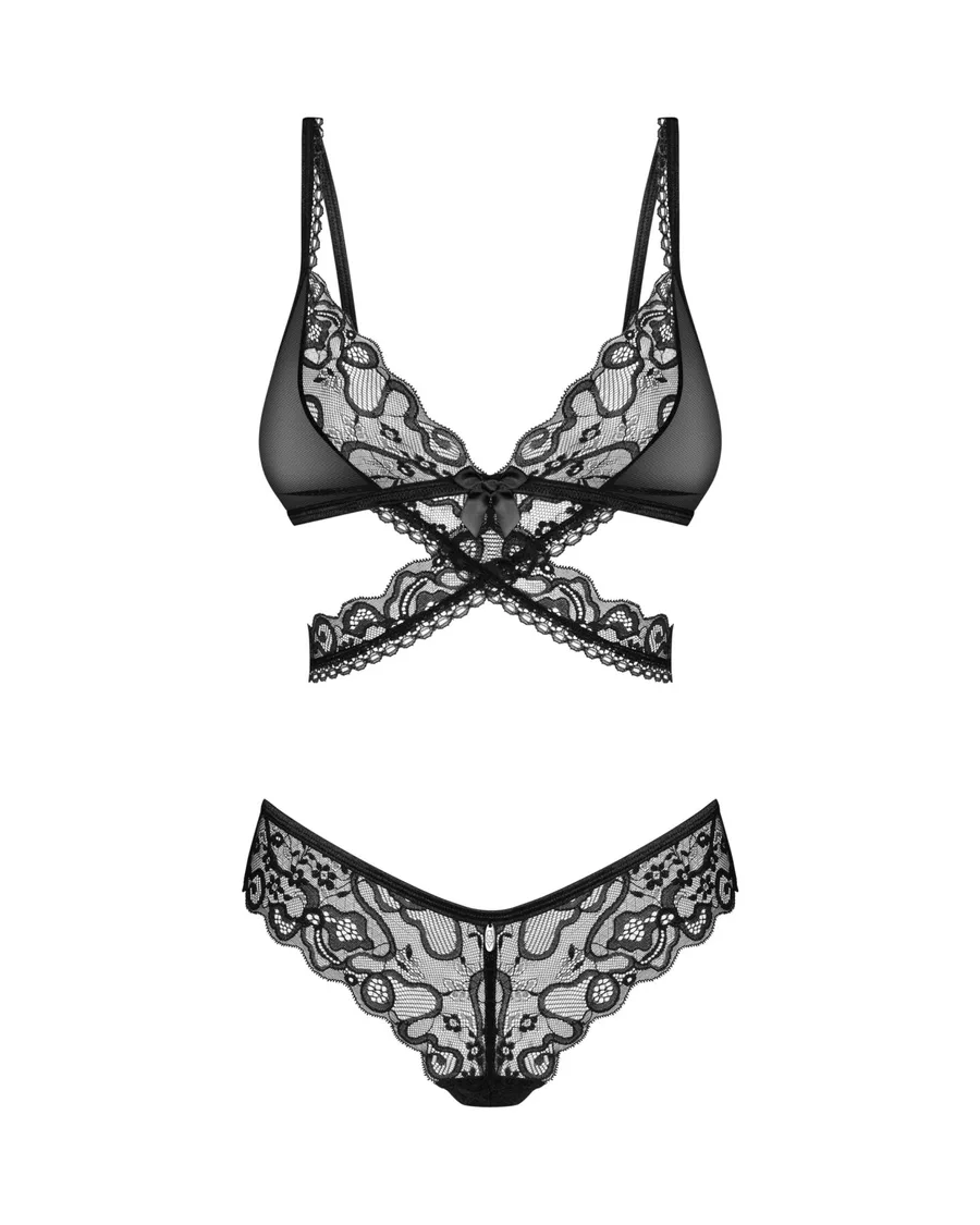 Комплект Obsessive Blomentis 2-pcs set, XS/S, кружевной, лиф с завязками на спине, трусики-слипы