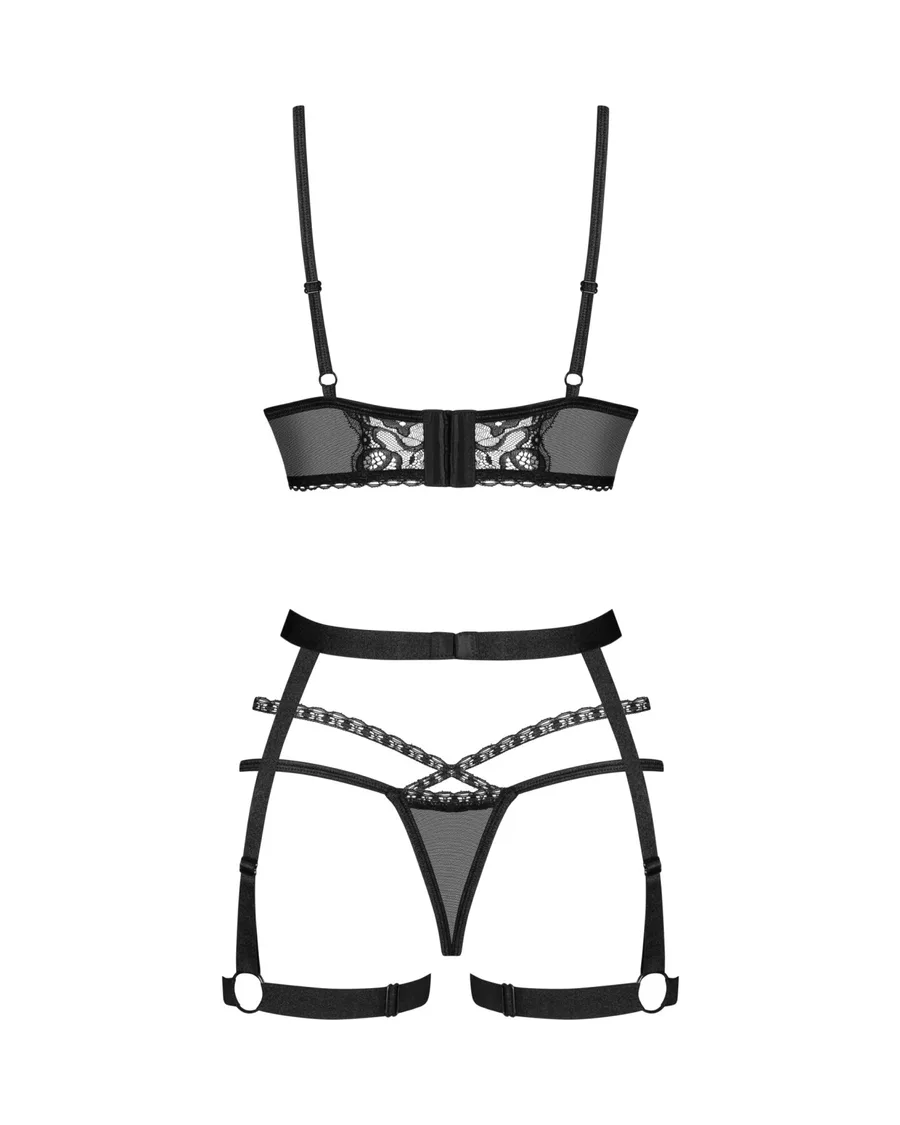 Комплект Obsessive Blomentis 3-pcs set, XL/2XL, мягкий лиф, стринги со стрепами, пояс с гартерами