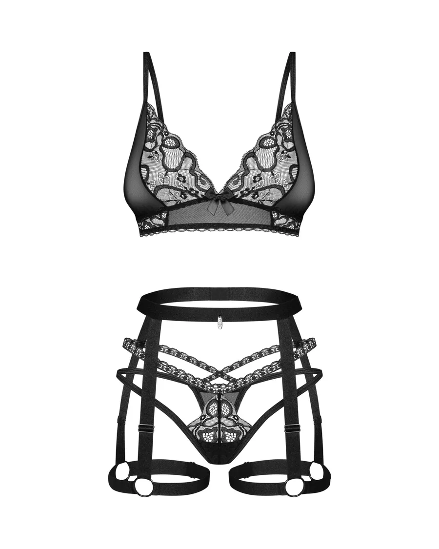 Комплект Obsessive Blomentis 3-pcs set, XL/2XL, мягкий лиф, стринги со стрепами, пояс с гартерами
