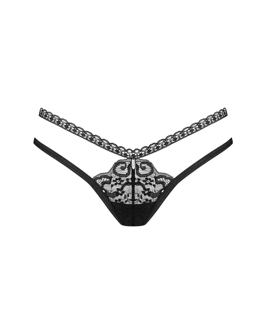 Трусики-стринги Obsessive Blomentis thong, M/L, черные, кружевные, боковинки — двойные полосочки