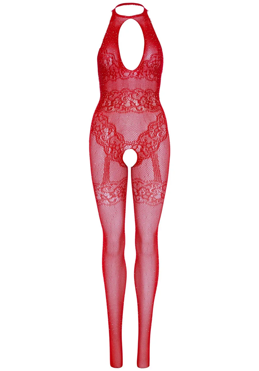 Бодистокинг Leg Avenue Rhinestone Lace and Net, One Size, красный, со стразами, открытый доступ