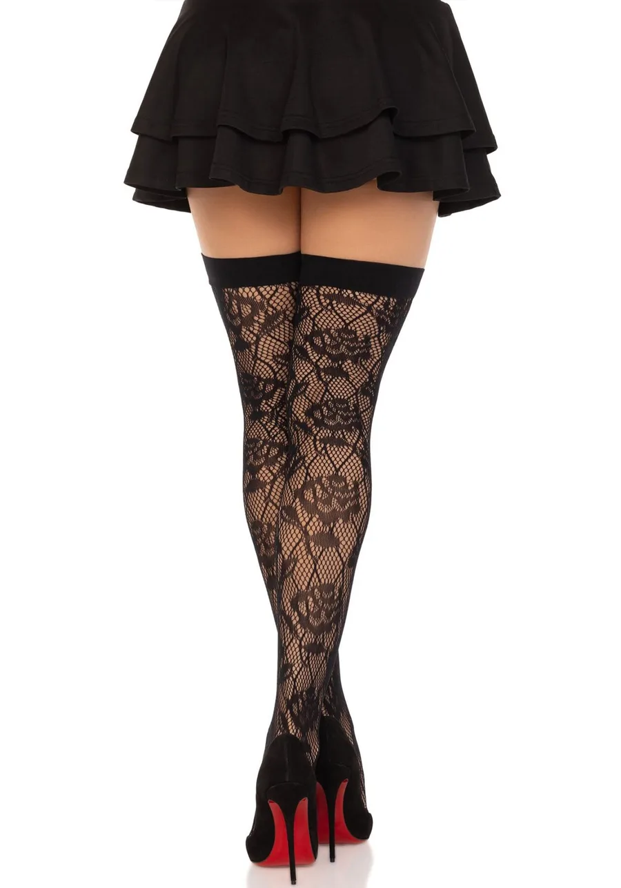 Чулки Leg Avenue Wild rose net thigh highs, One Size, черные, широкая резинка, рисунок-розы