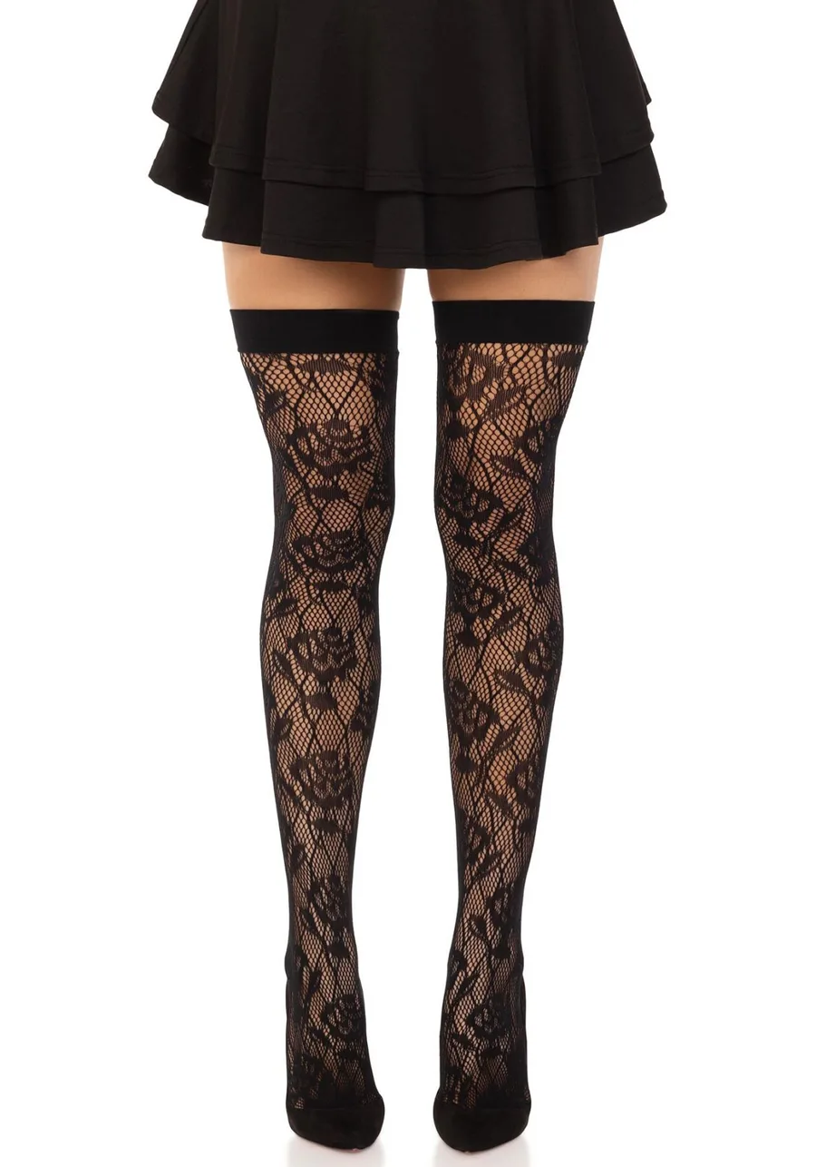 Чулки Leg Avenue Wild rose net thigh highs, One Size, черные, широкая резинка, рисунок-розы