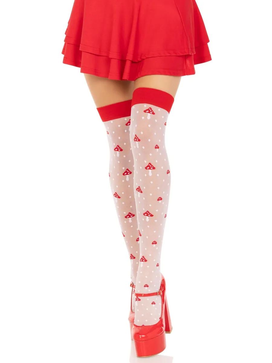 Панчохи Leg Avenue Polka Dot Mushroom Thigh Highs, One Size, біло-червоні, на резинці, малюнок — гриби
