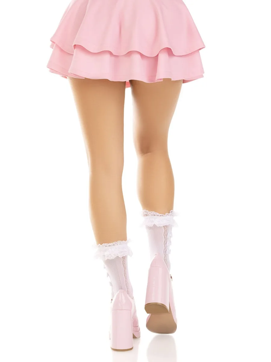 Носочки ажурные Leg Avenue Mini Bow Lace Anklet, белые, с рюшами, декор — бантики
