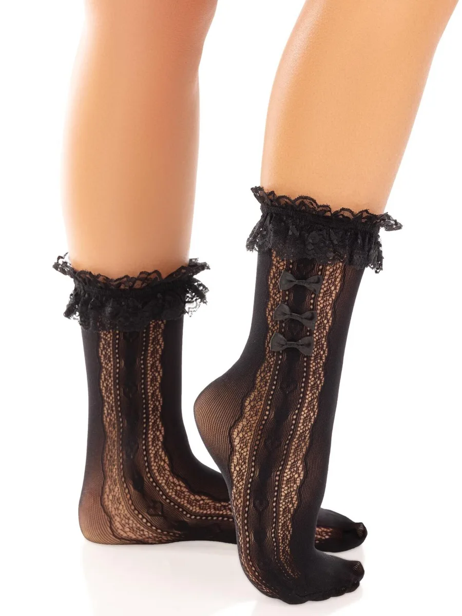 Носочки ажурные Leg Avenue Mini Bow Lace Anklet, черные, с рюшами, декор — бантики