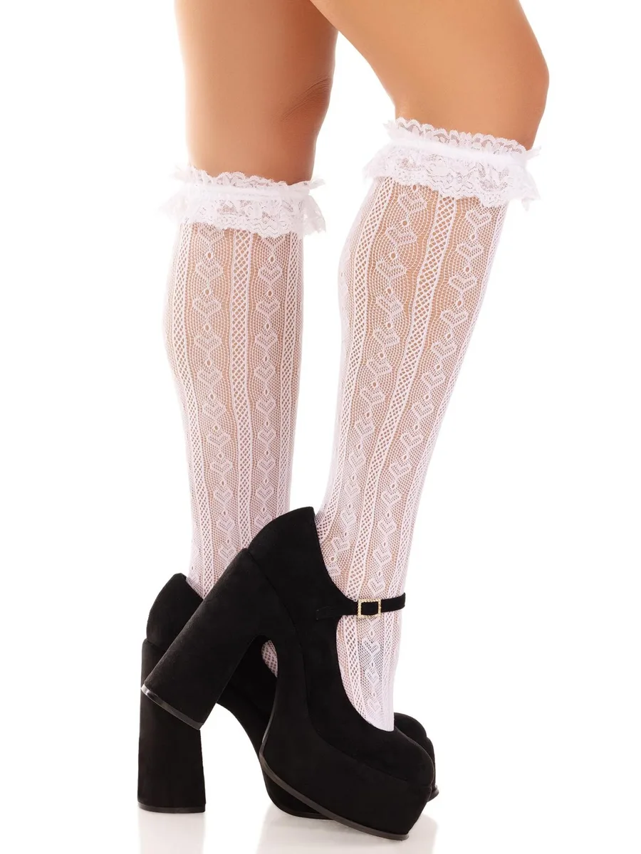 Гольфы ажурные Leg Avenue Sweetheart Ruffle Cuff Knee Highs, белые, рисунок-сердечки