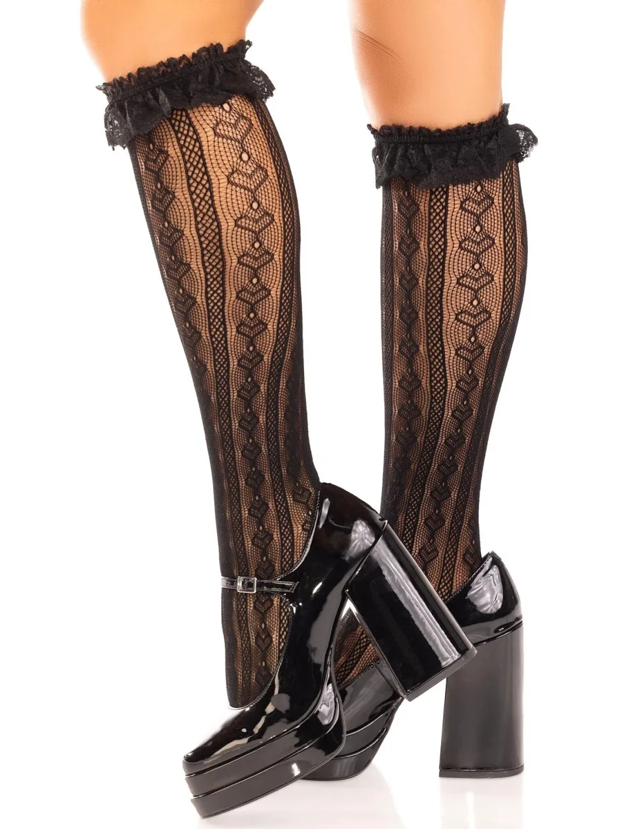 Гольфы ажурные Leg Avenue Sweetheart Ruffle Cuff Knee Highs, черные, с рюшами, рисунок-сердечки