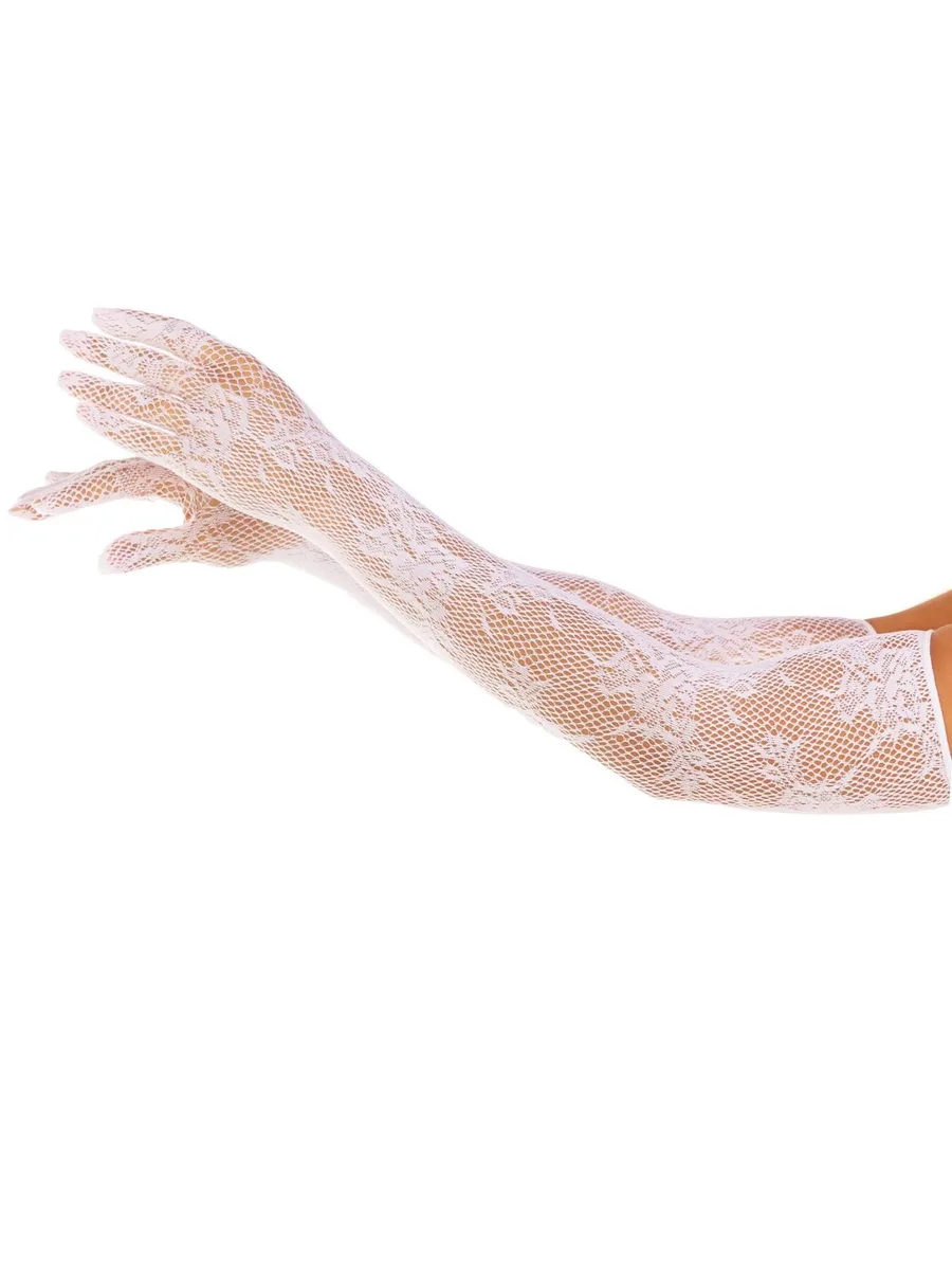 Перчатки Leg Avenue Lace Opera Length Gloves, One Size, белые, выше локтя, сетка с цветочным узором