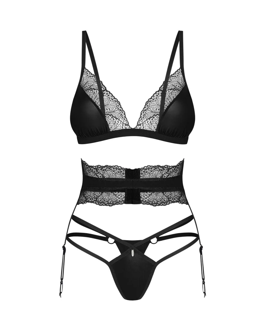 Комплект Obsessive Lobellis 3-pcs set, XS/S, чорний, ліф з м’якою чашкою, стрінги, пояс для панчіх