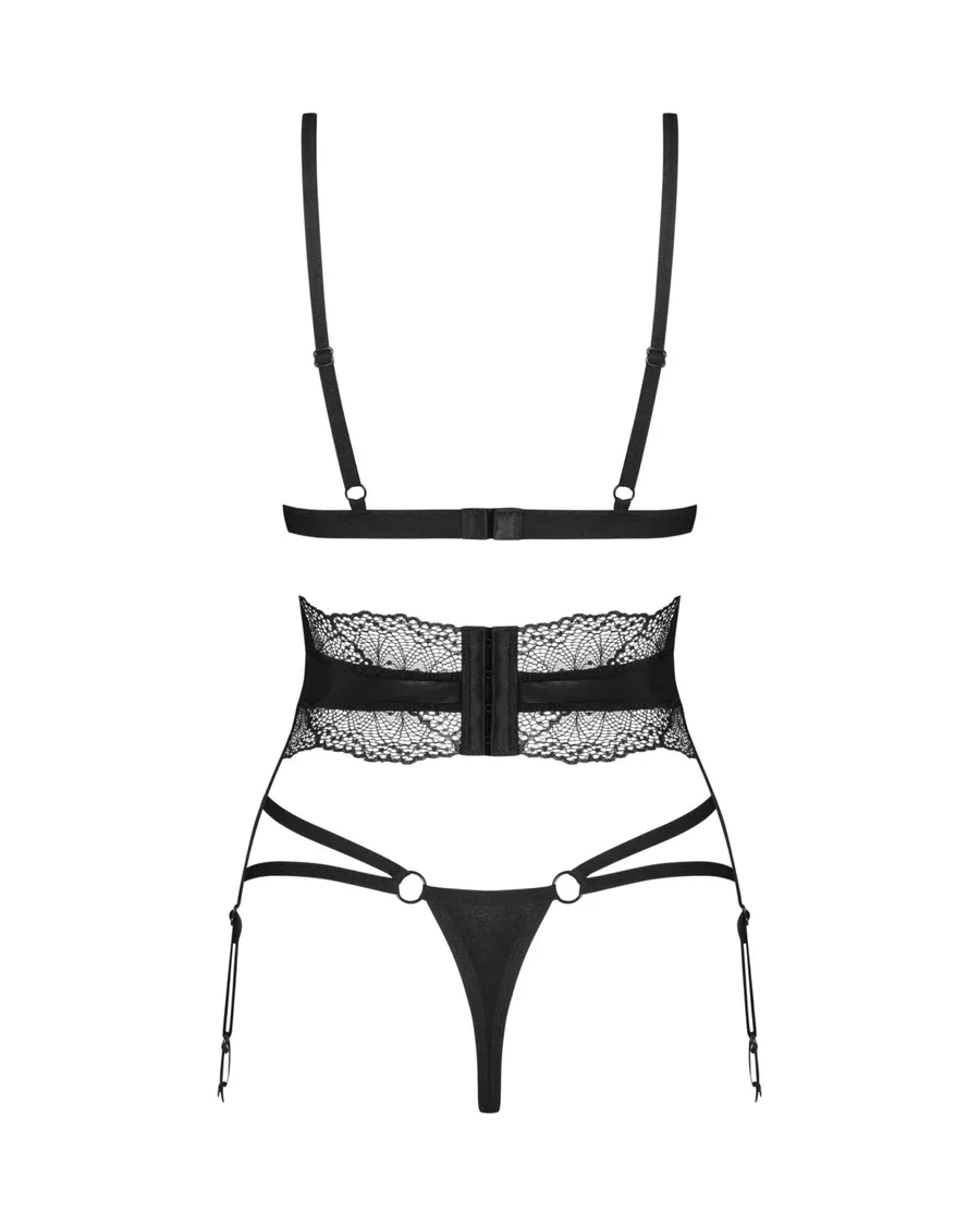 Комплект Obsessive Lobellis 3-pcs set, XS/S, чорний, ліф з м’якою чашкою, стрінги, пояс для панчіх