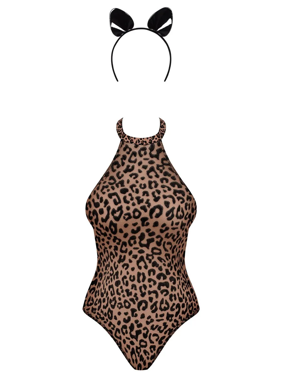 Еротичний костюм леопарда Obsessive Leocatia teddy L/XL, боді, обруч з вушками