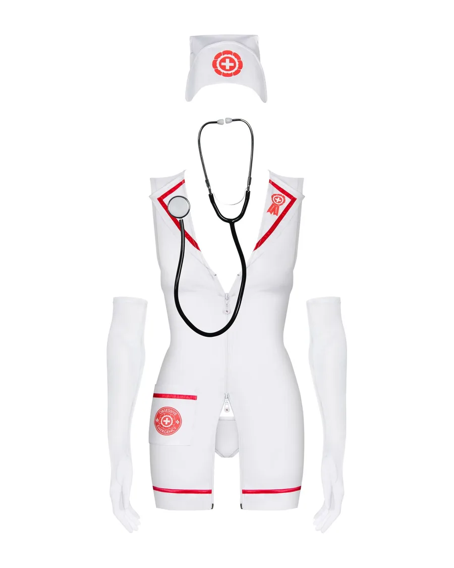 Эротический костюм медсестры Obsessive Emergency dress S/M, white, платье, стринги, перчатки, чепчик, стетоскоп