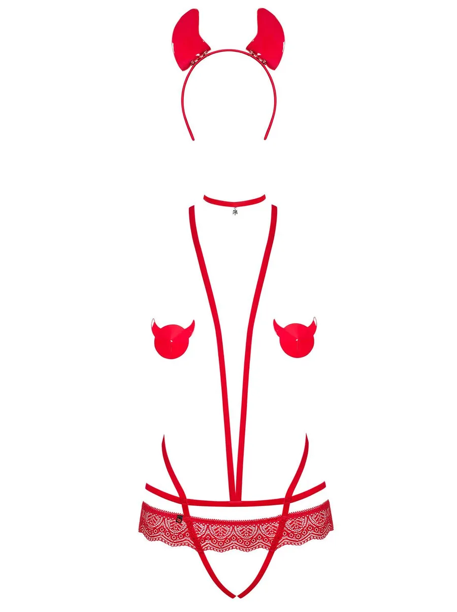 Еротичний костюм чортика зі стреп Obsessive Evilia teddy red L/XL