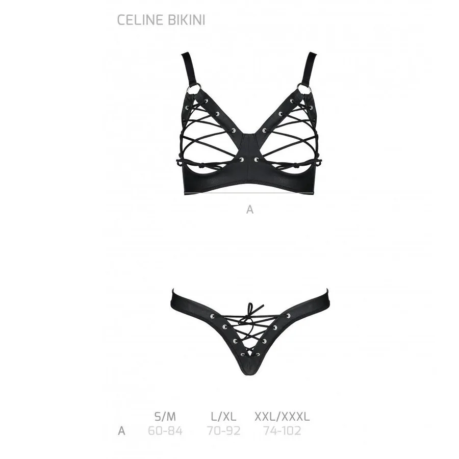 Комплект Passion CELINE BIKINI 2XL/3XL black открытый бра с лентами стринги со шнуровкой, экокожа