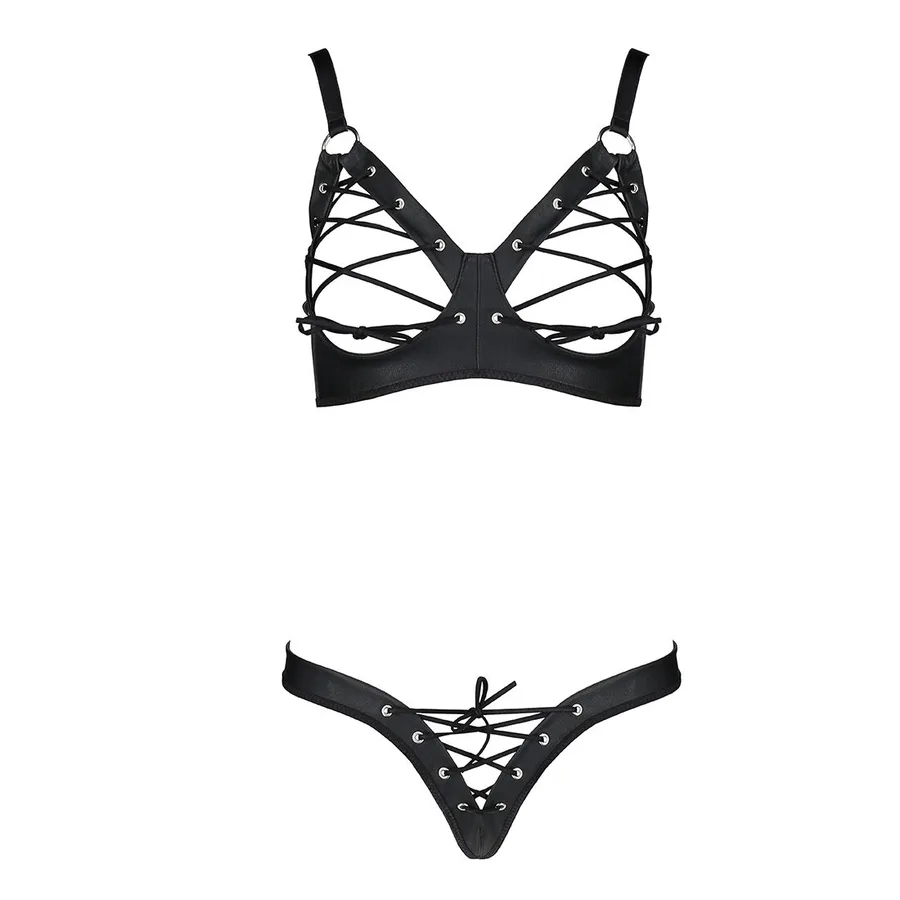 Комплект Passion CELINE BIKINI 2XL/3XL black открытый бра с лентами стринги со шнуровкой, экокожа