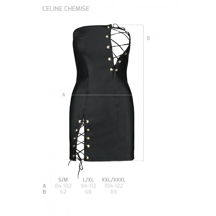 Мінісукня з екошкіри Passion CELINE CHEMISE L/XL, black, шнурівка, трусики в комплекті