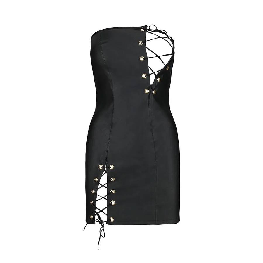 Мінісукня з екошкіри Passion CELINE CHEMISE L/XL, black, шнурівка, трусики в комплекті