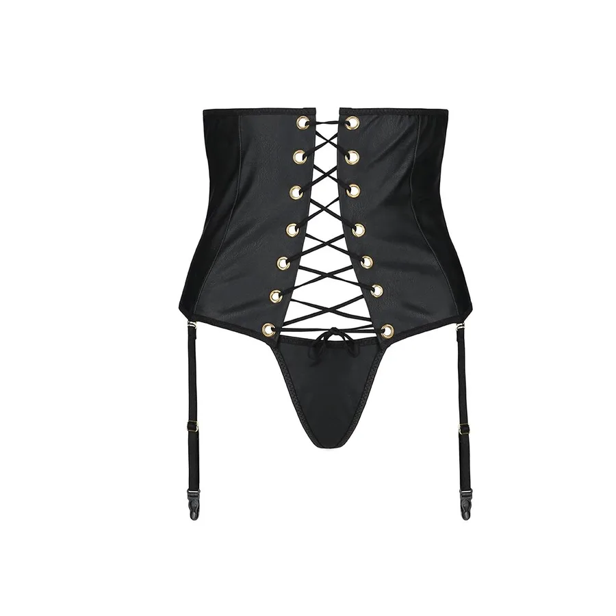 Пояс-корсет из экокожи Passion CELINE SET L/XL, black, шнуровка, съемные пажи для чулок, стринги