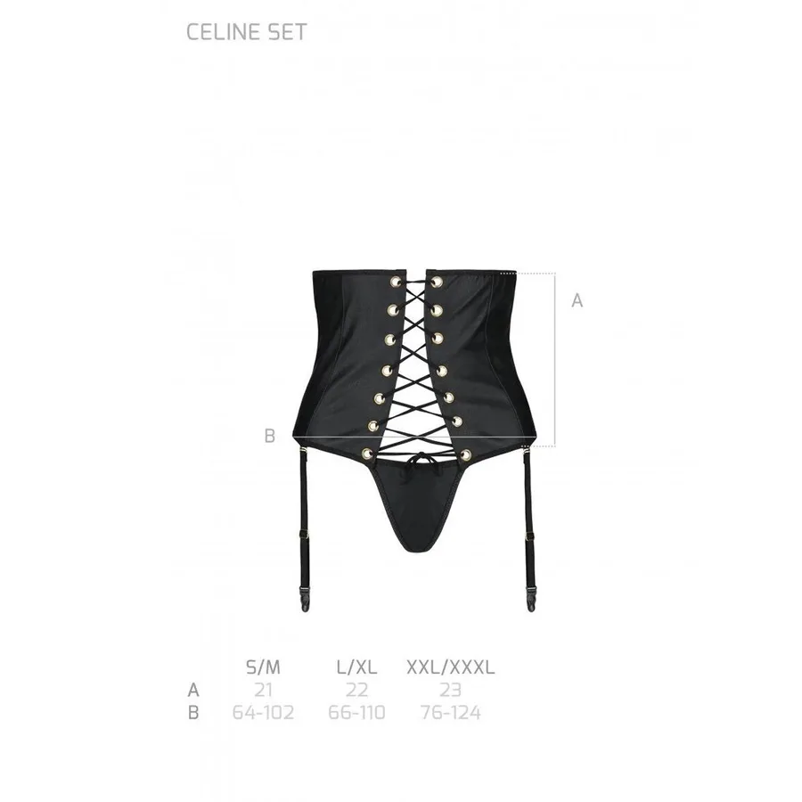 Пояс-корсет из экокожи Passion CELINE SET L/XL, black, шнуровка, съемные пажи для чулок, стринги
