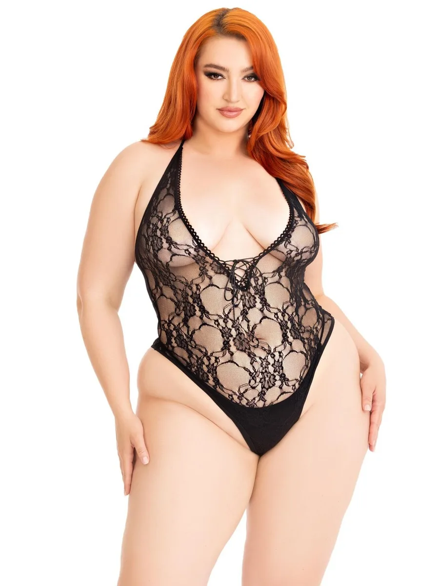 Тедди Leg Avenue Floral lace deep-V teddy, 1X/2X, черное, кружевное, открытая спина, высокие трусики