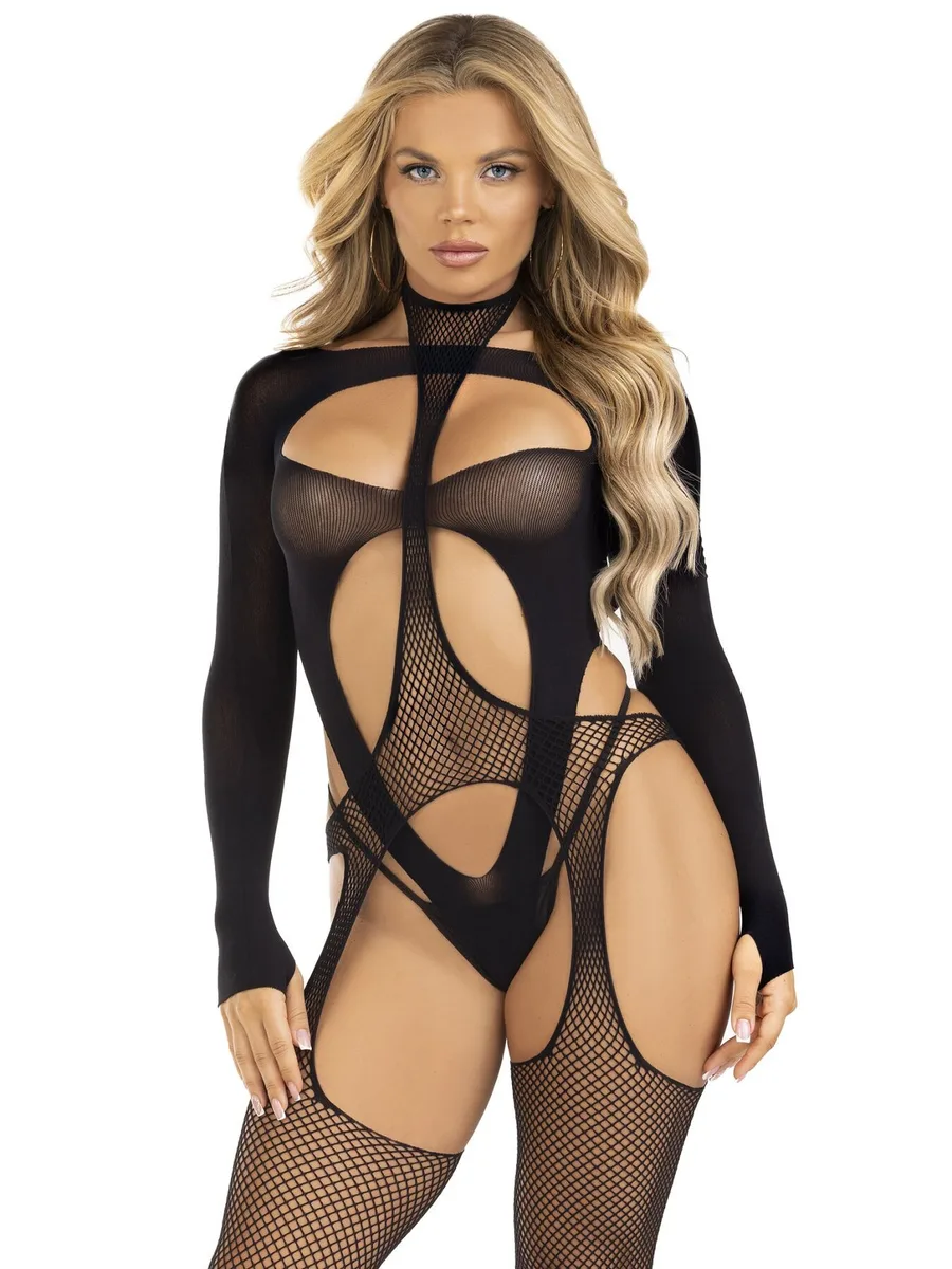 Бодистокинг 2 в 1 Leg Avenue Bodystocking with cutout teddy, One Size, черный, чулки-сетки и тедди