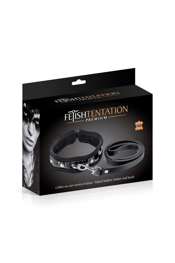 Поводок из натуральной кожи Fetish Tentation Premium Patent leather chocker and leash