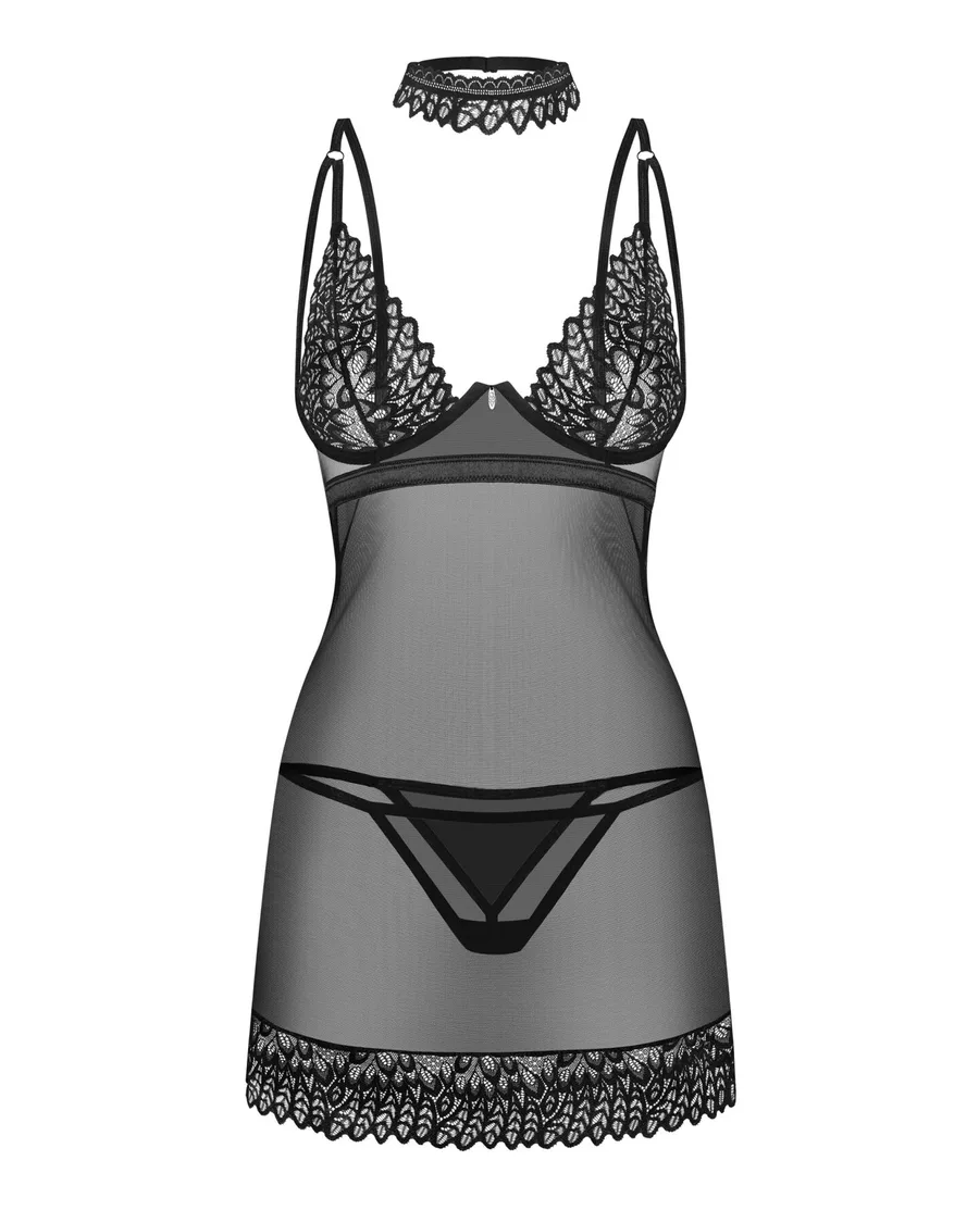 Сорочка Obsessive Donarella chemise & thong, M/L, мереживний ліф, чокер та стрінги в комплекті