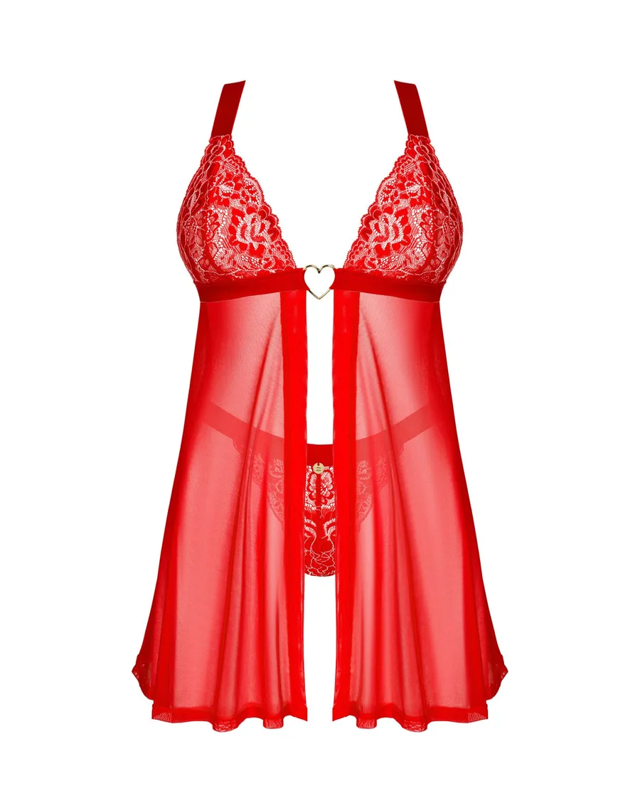 Бебі-дол Obsessive Elianes babydoll & thong, XS/S, червоний, мереживний ліф, трусики-танга в наборі