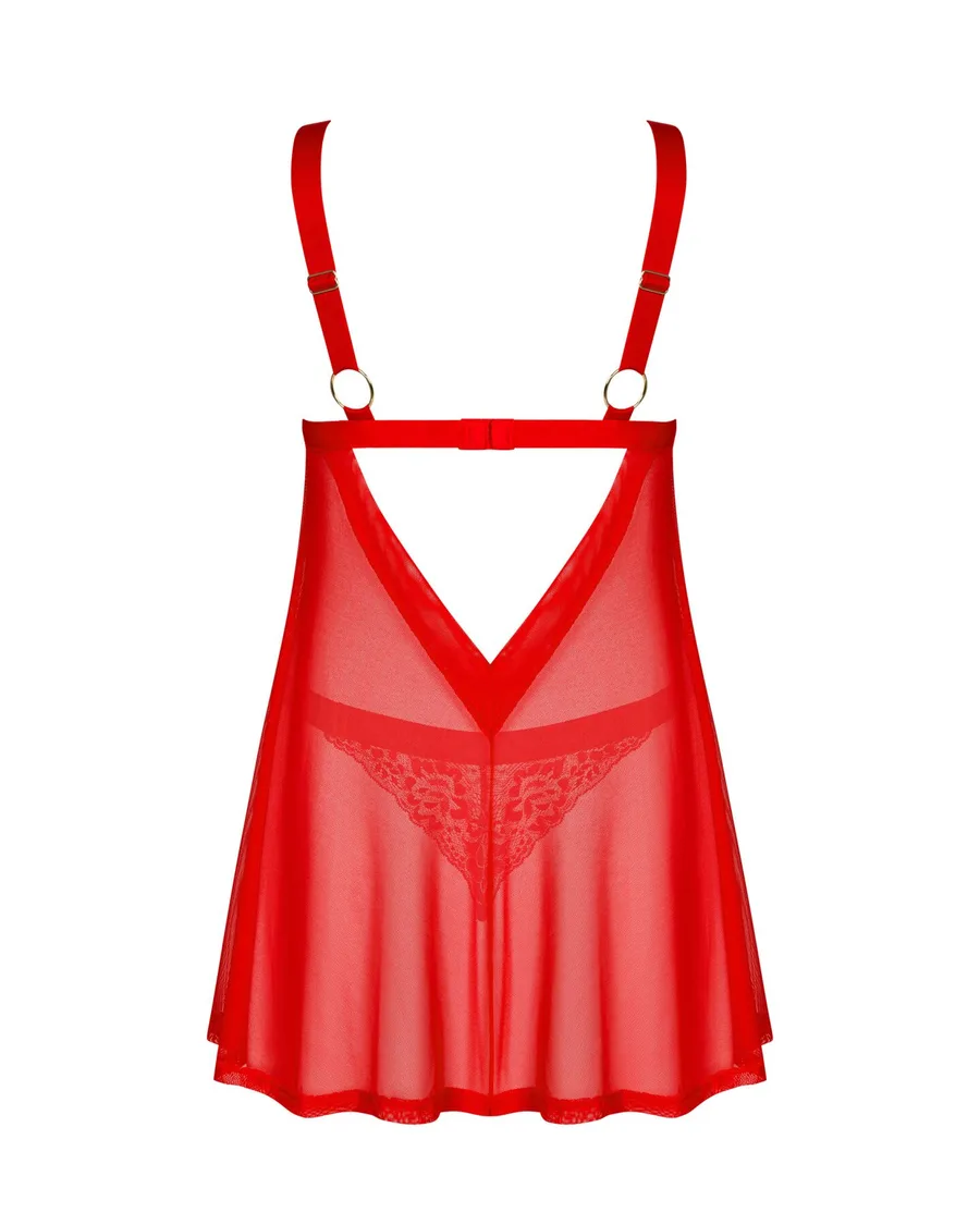 Бебі-дол Obsessive Elianes babydoll & thong, XS/S, червоний, мереживний ліф, трусики-танга в наборі