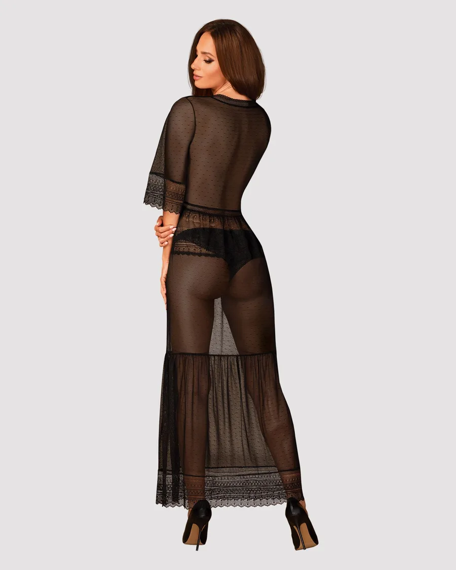 Пеньюар Obsessive Estiqua peignoir, XL/2XL, черный, прозрачный, на поясе, длина до щиколоток