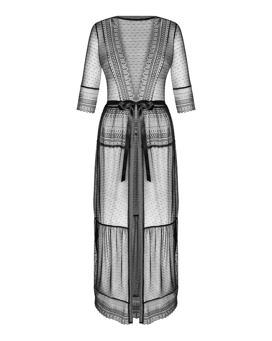 Пеньюар Obsessive Estiqua peignoir, M/L, черный, прозрачный, на поясе, длина до щиколоток