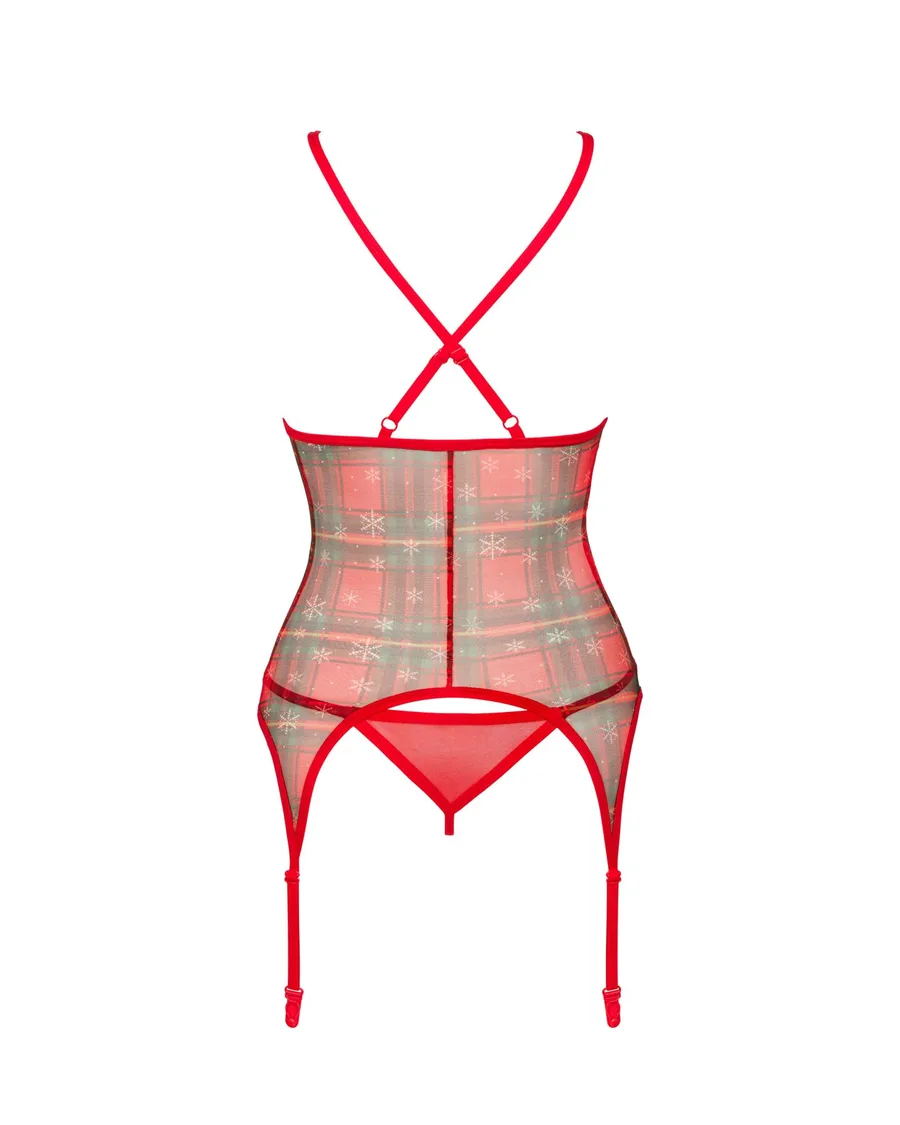 Корсет Obsessive Jollymore corset, XS/S, в клетку, с кружевом, пажи для чулок, стринги в комплекте