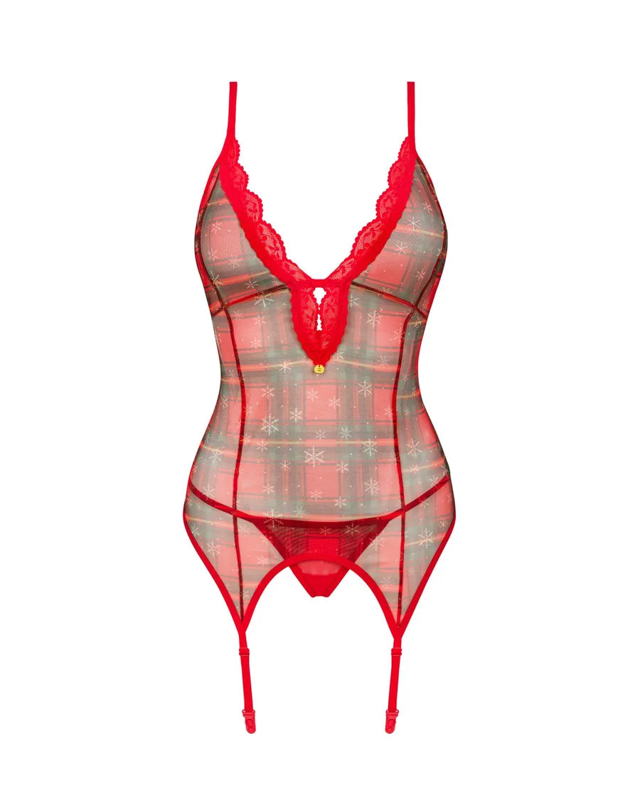 Корсет Obsessive Jollymore corset, XS/S, в клетку, с кружевом, пажи для чулок, стринги в комплекте