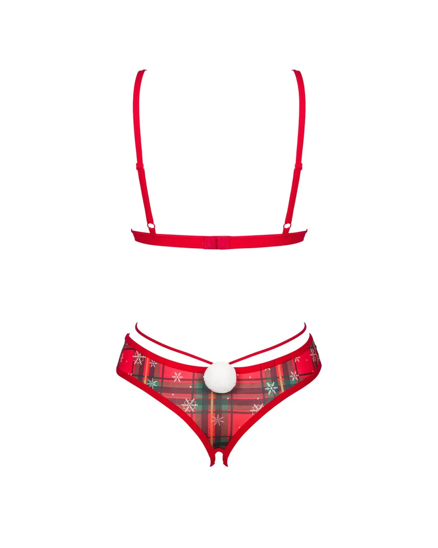 Комплект Obsessive Ms Merrilo 2-pcs set, M/L, мягкий бюстгальтер и трусики с доступом и с помпоном