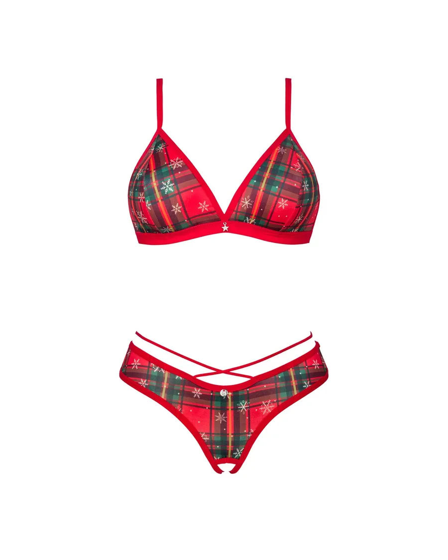 Комплект Obsessive Ms Merrilo 2-pcs set, M/L, мягкий бюстгальтер и трусики с доступом и с помпоном