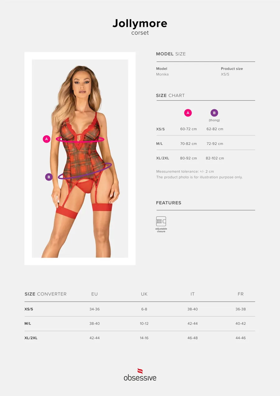 Корсет Obsessive Jollymore corset, XL/2XL, в клетку, с кружевом, пажи для чулок, стринги в комплекте