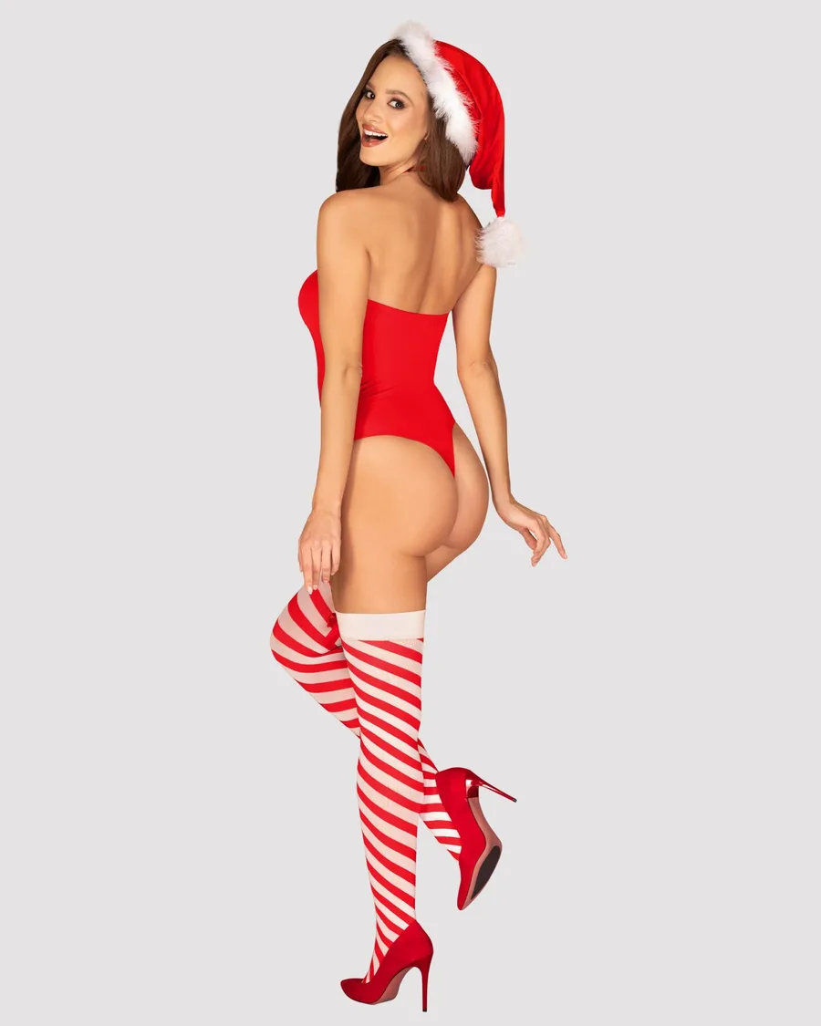 Тедді Obsessive Kissmas teddy, L/XL, червоне, без бретелей, чокер, панчохи та шапка з помпоном у наборі