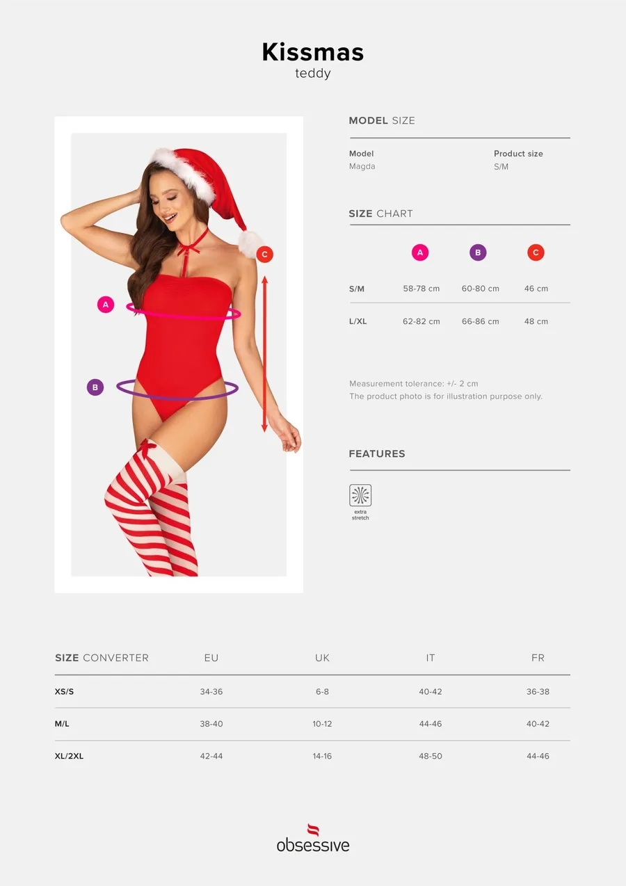 Тедди Obsessive Kissmas teddy, S/M, красное, без бретелей, чокер, чулки и шапка с помпоном в наборе