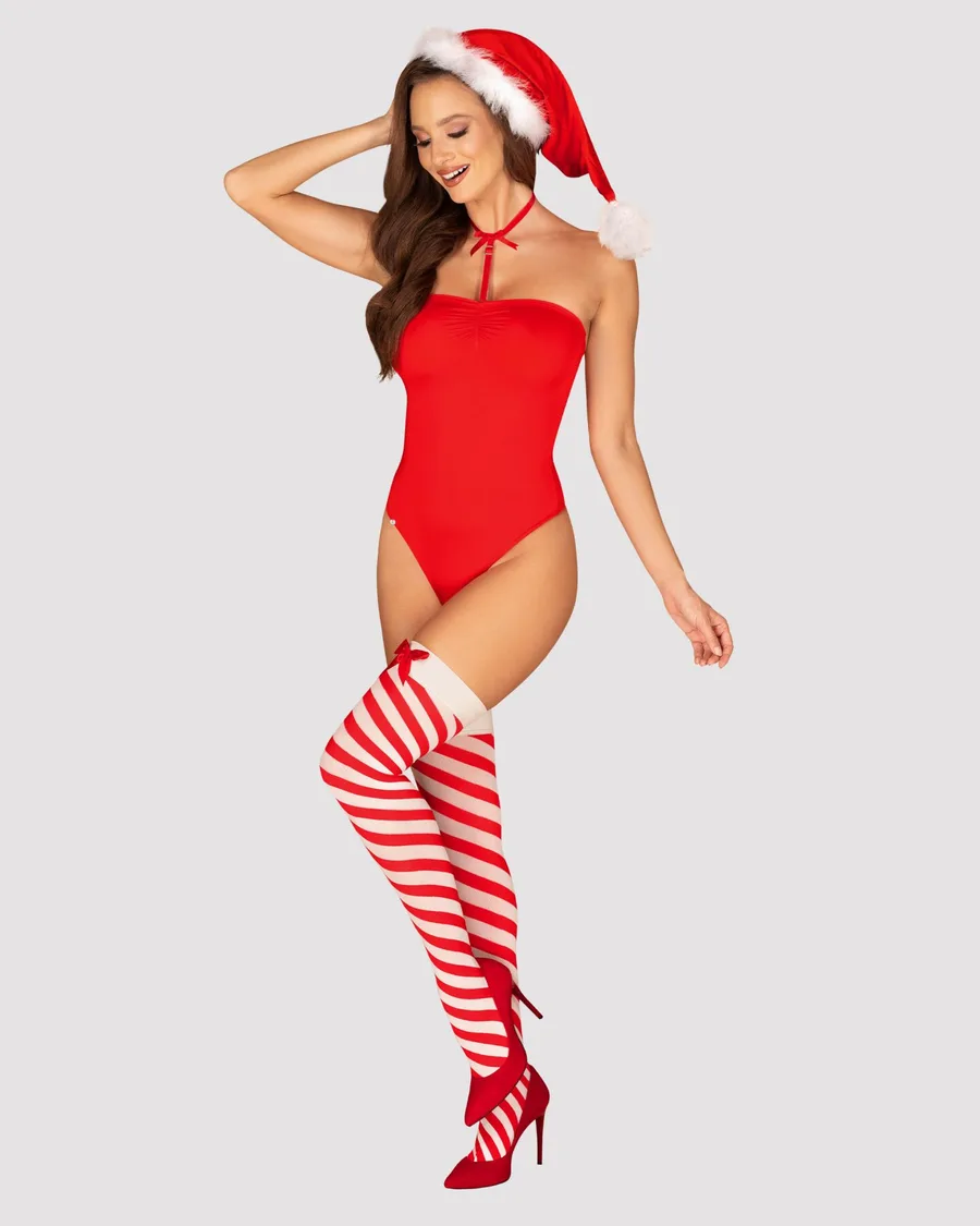 Тедди Obsessive Kissmas teddy, S/M, красное, без бретелей, чокер, чулки и шапка с помпоном в наборе