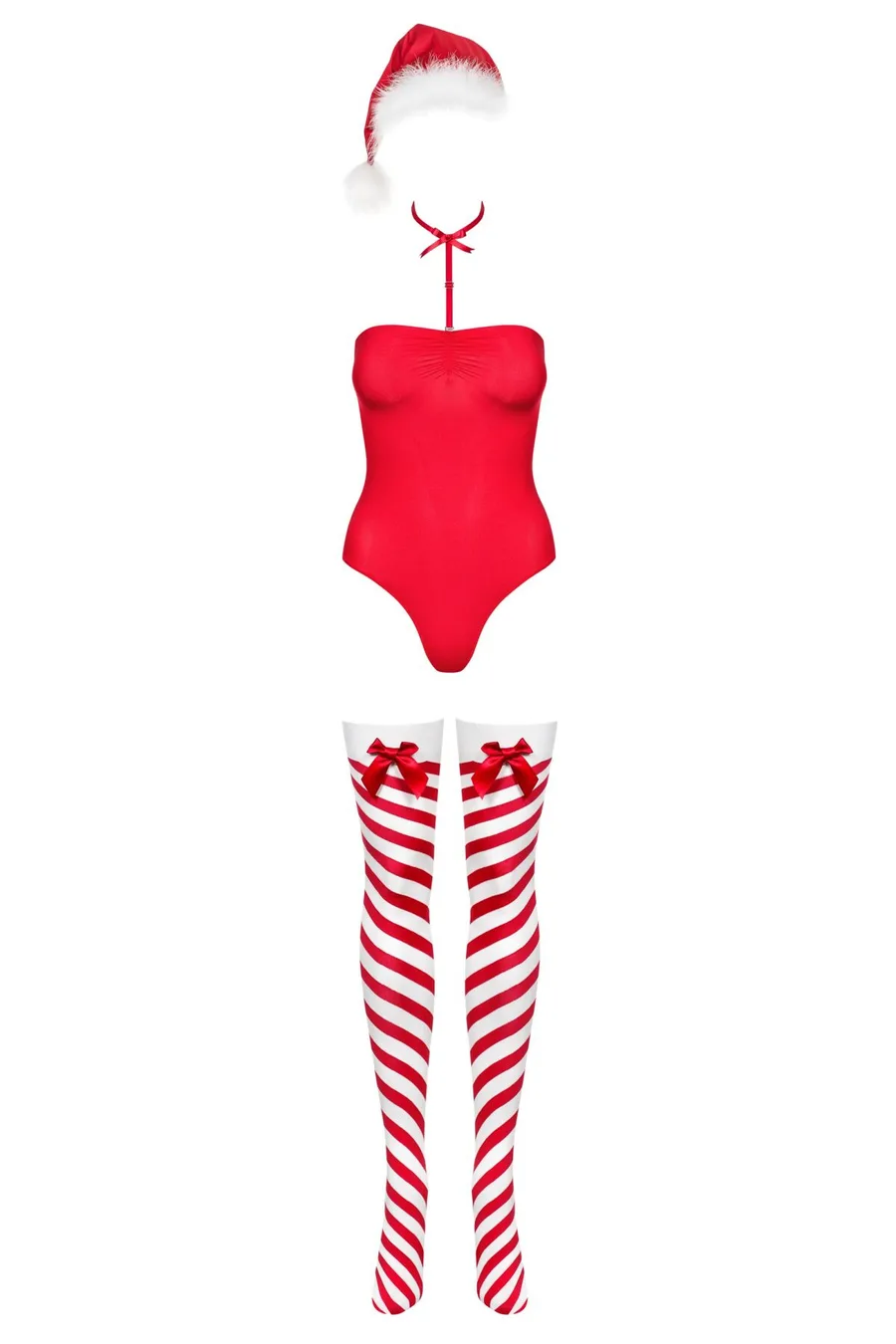 Тедди Obsessive Kissmas teddy, S/M, красное, без бретелей, чокер, чулки и шапка с помпоном в наборе