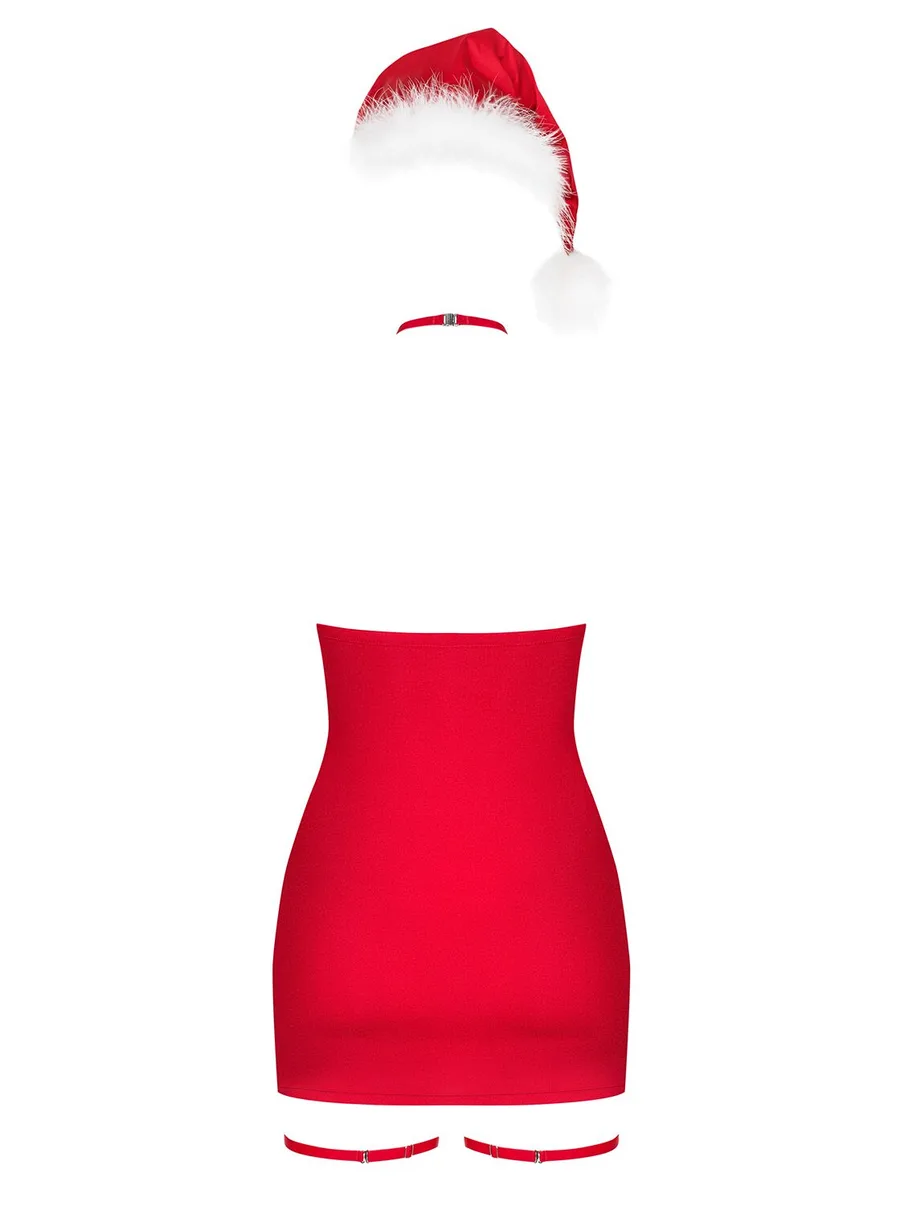 Сорочка Obsessive Kissmas chemise, S/M, червона, чокер, гартери та шапочка з помпоном у комплекті